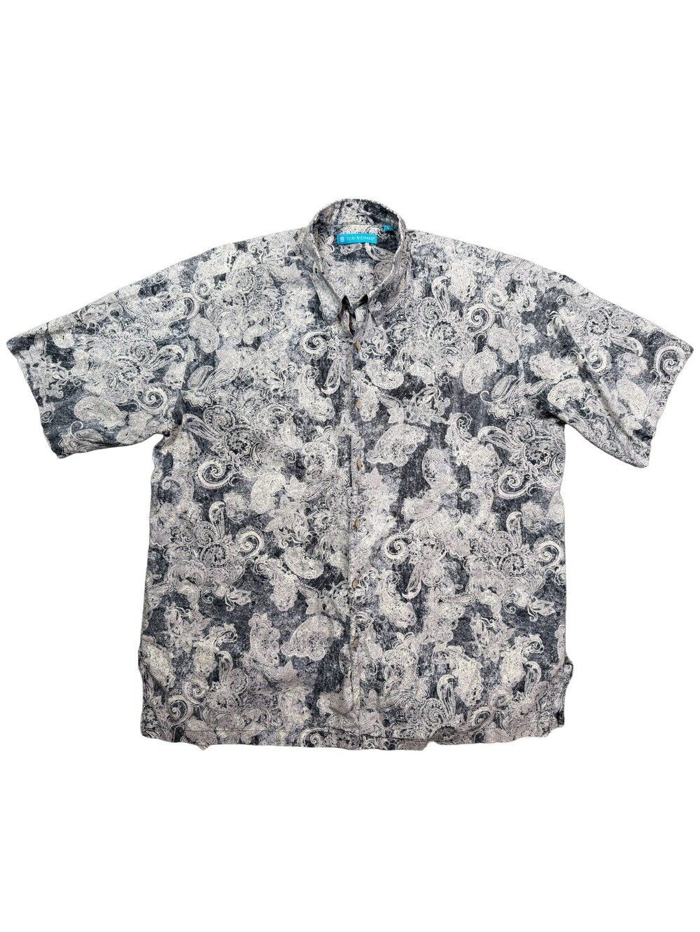 Tori Richard Mens L Paisley Shirt Black White Hawaiian Cotton Lawn Short Sleeve